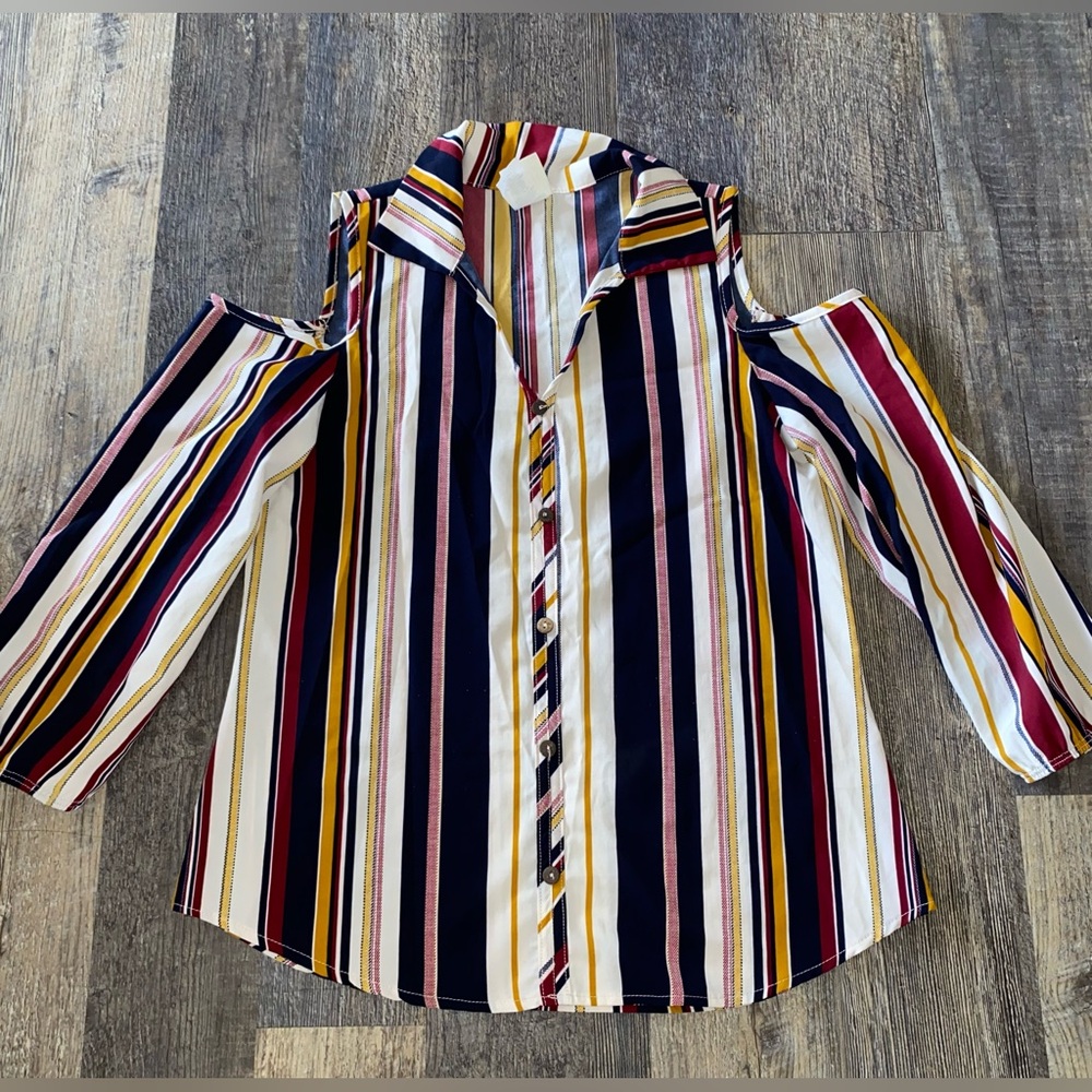 Striped Cold-Shoulder Button-Down Blouse in Navy, White, Maroon & Mustard
